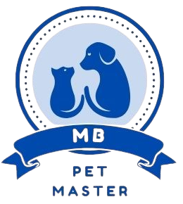 A circular logo featuring a blue silhouette of a dog and a cat sitting together inside a light blue circle. The outer circle has a dotted border. Below the circle, a blue ribbon banner displays the text 'MB' in the center, with 'PET MASTER' written underneath in uppercase letters. The logo has a clean and modern design with a blue color scheme